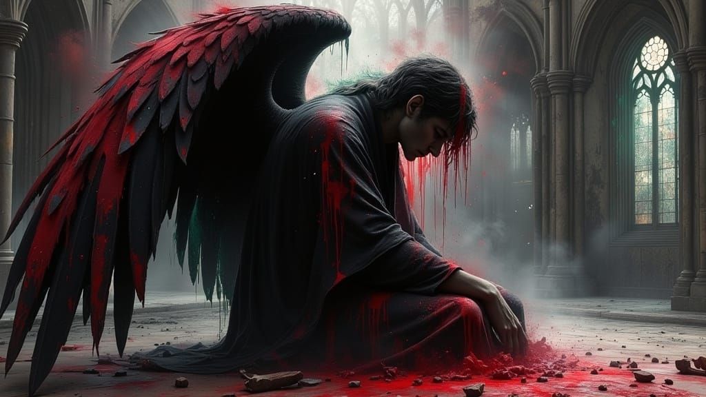 Fallen Angel Weeping in Derelict Cathedral