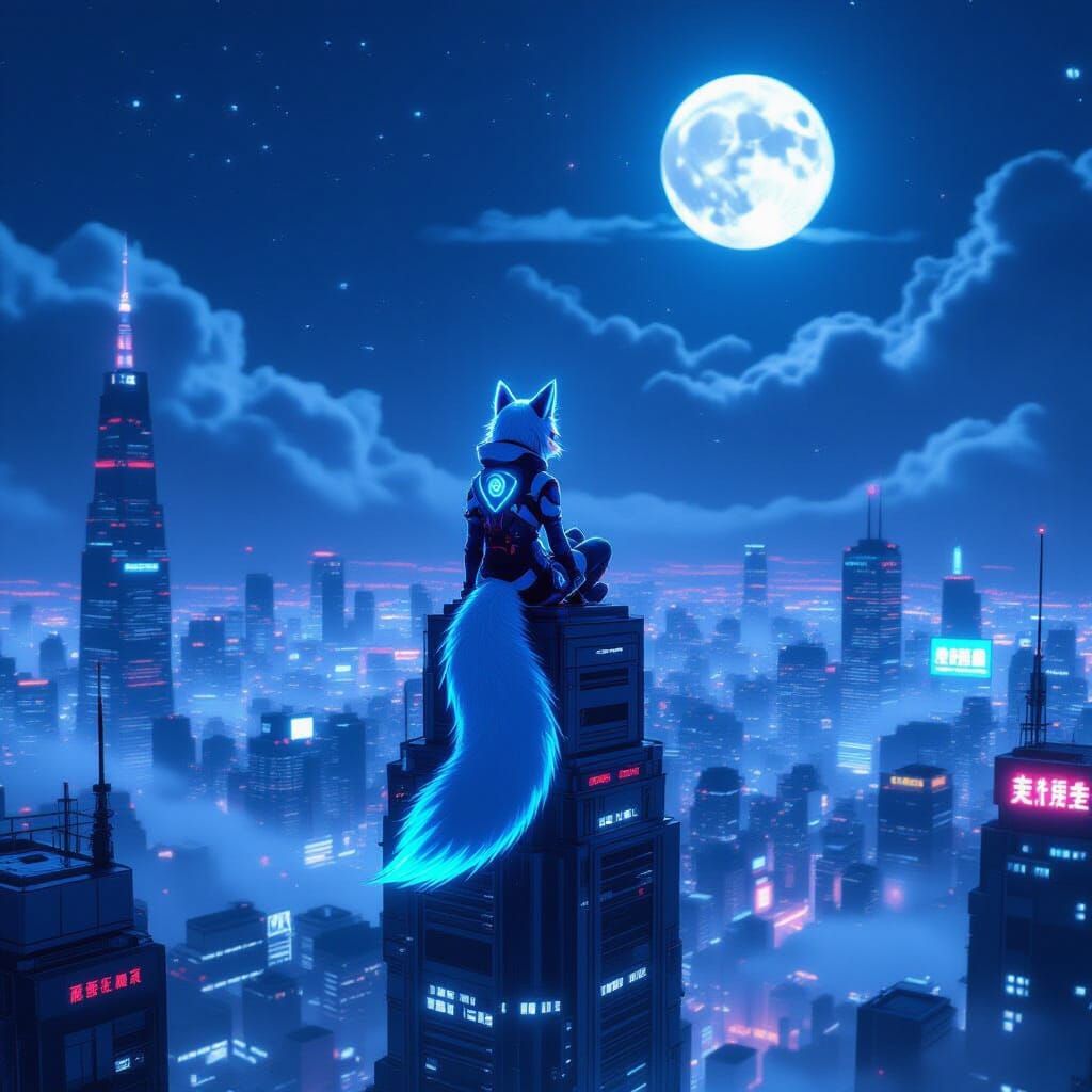 Cyberpunk Kitsune Over Neon Metropolis