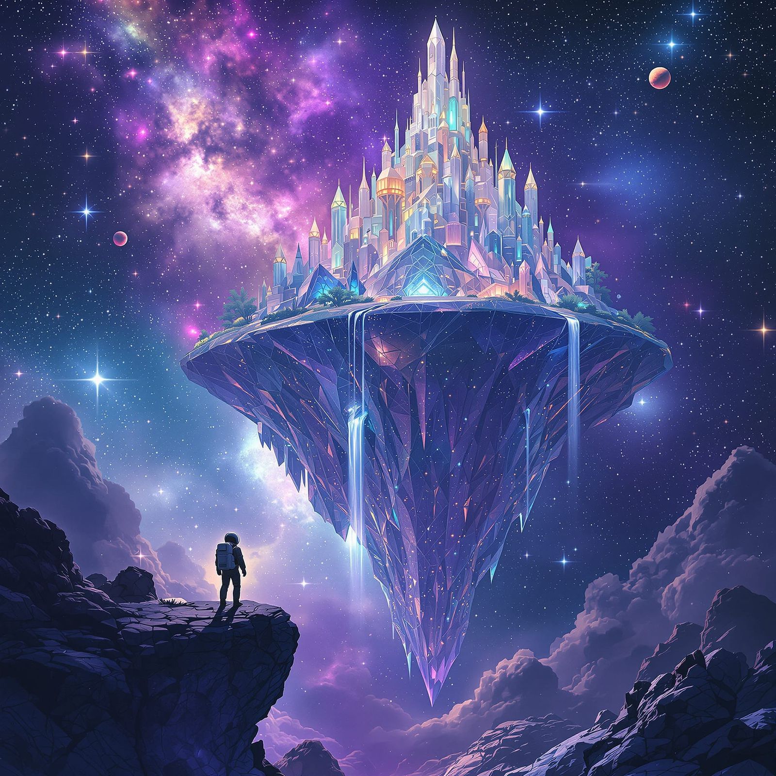 Astronaut Adrift Near Crystalline Island in Nebula