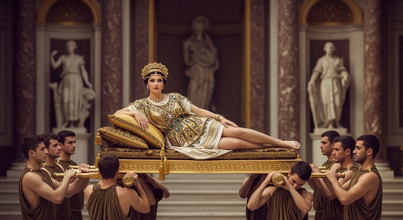 Roman Empress Reclining on Gold Litter, Photorealistic Style