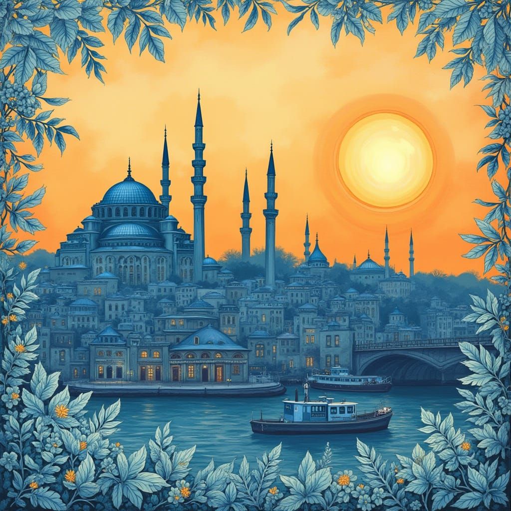 Istanbul Skyline at Sunset with Traditional Turkish Tile Mot...