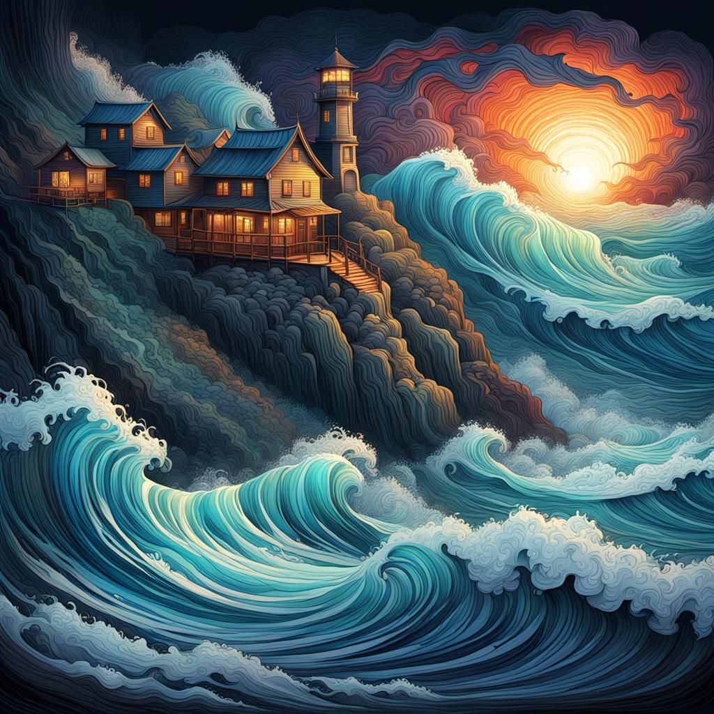 Mysterious mesmerizing beauty of ocean waves Breathtaking illustrations featuring majestic ocean waves towering over the...