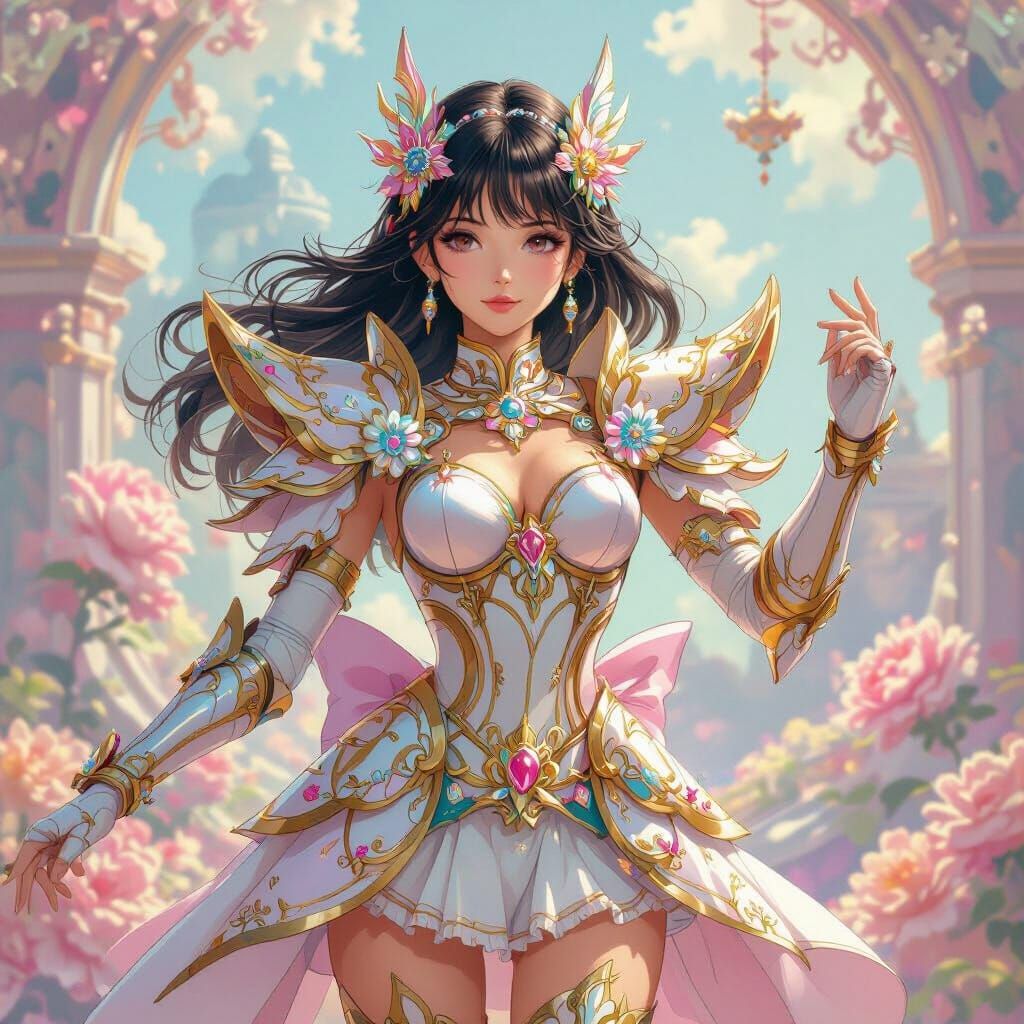 Magical Girl in Shimmering Armor in Dreamlike Environment