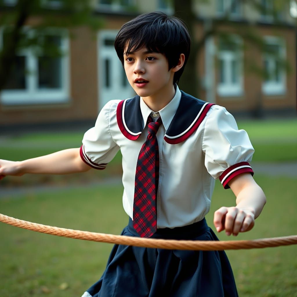 Gothic Teen Boy Leaps Rope in Cinematic School Yard Scene