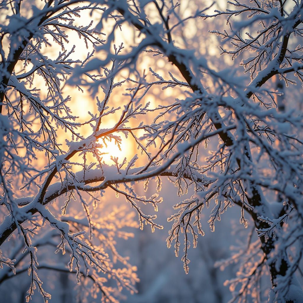 Winter Wonderland Tree Branches in Golden Fantasy Light