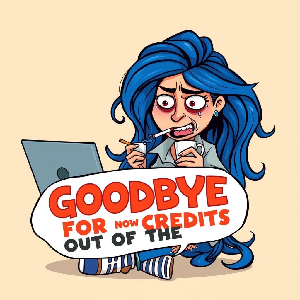 Distressed Cartoon Woman with Blue Hair, Laptop, and Cigaret...
