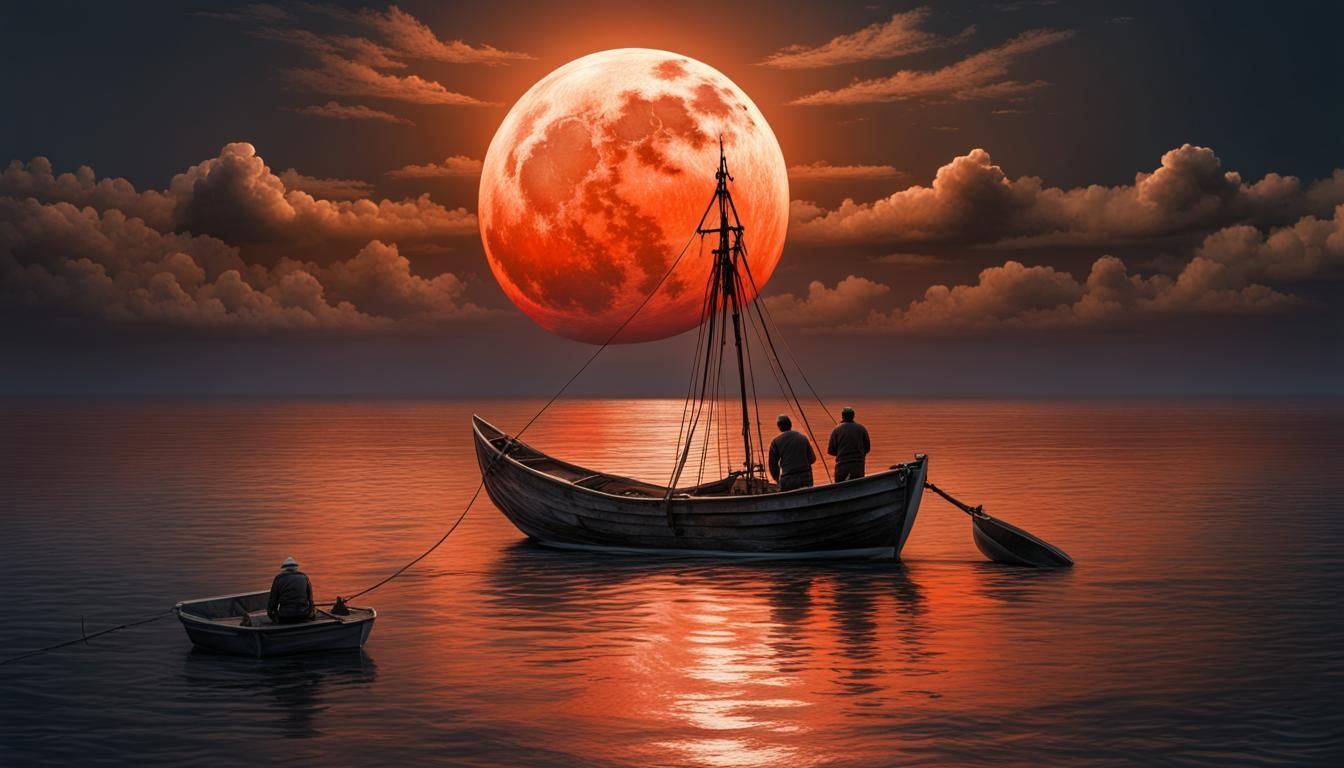 Fishermen Under Red Moon: Photorealistic Ocean Night