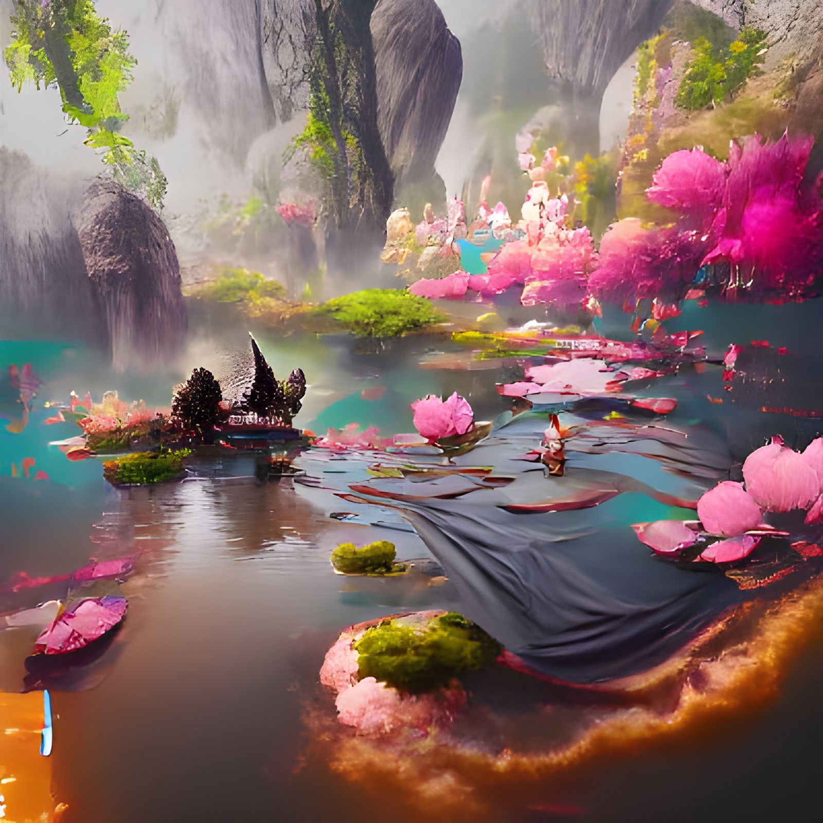 A heavenly forest with angel bathing in a pond full of lotus...