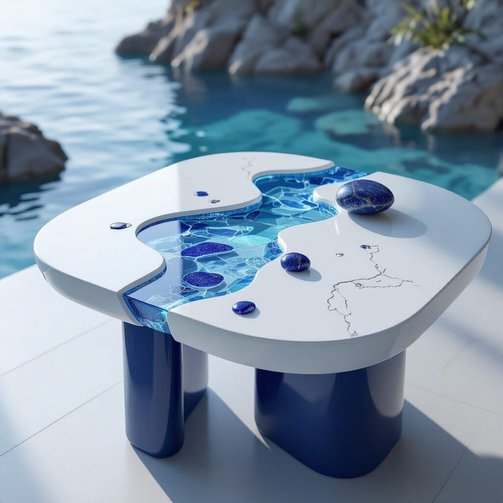 Modern Blue and White Table with Gemstone Accents