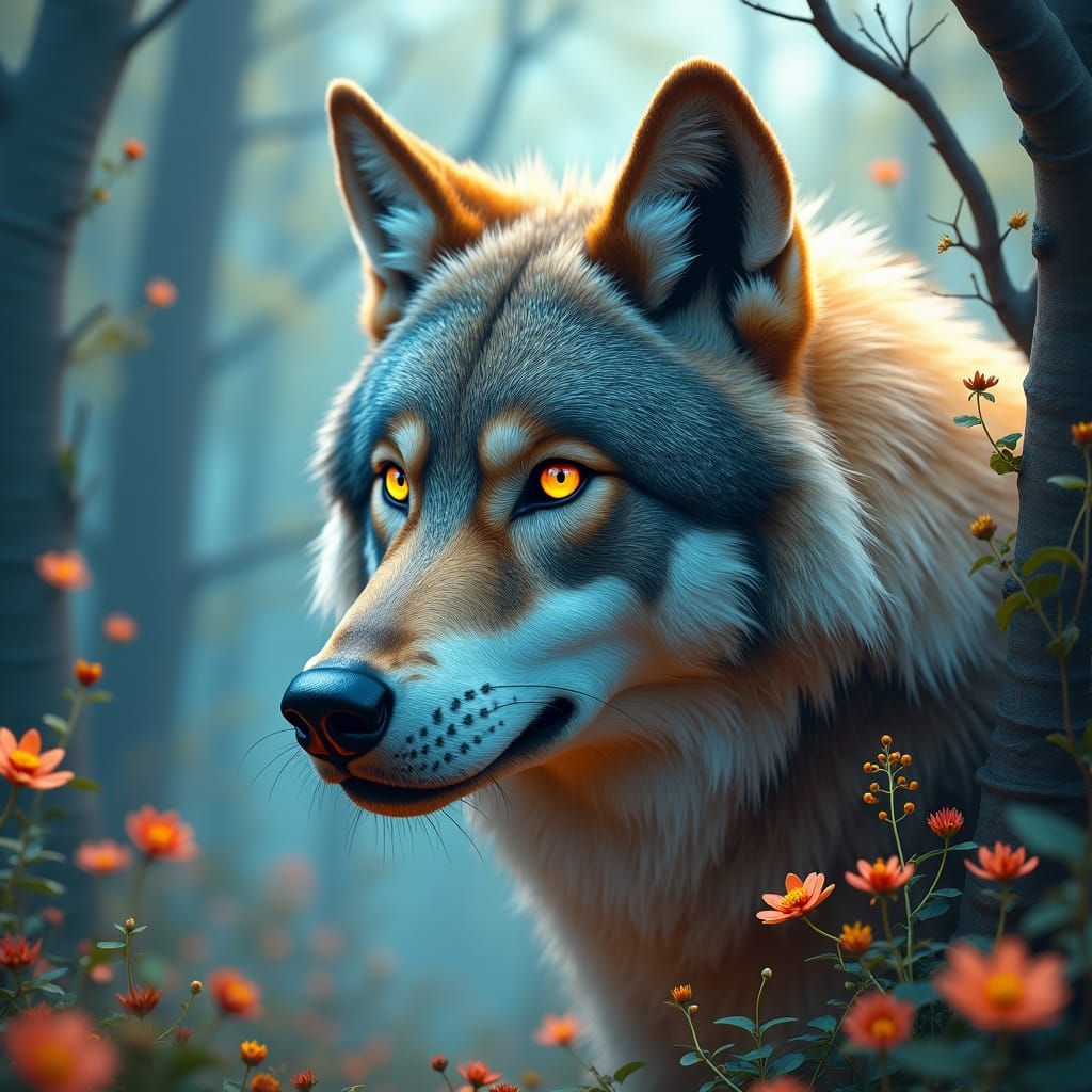 Majestic Wolf in Ethereal Double Exposure Landscape