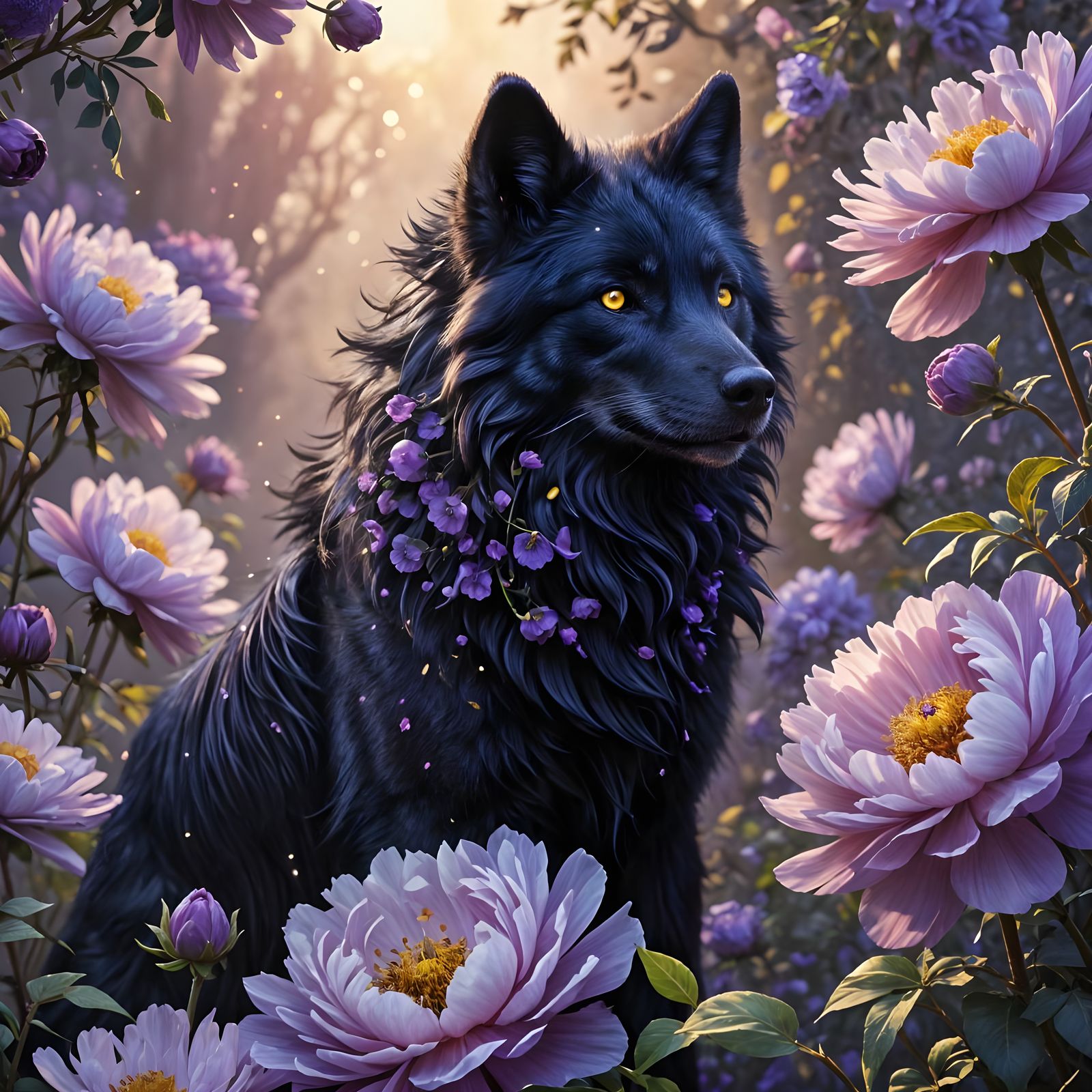 Cute Fluffy Black Wolf Hiding in Purple Peonies