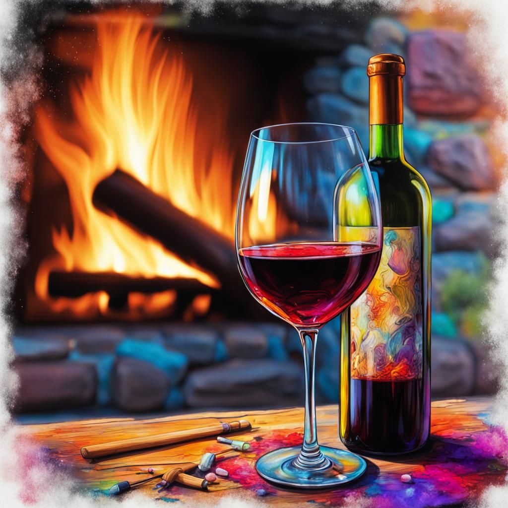 Wine Glass Filled with Wine near Fireplace