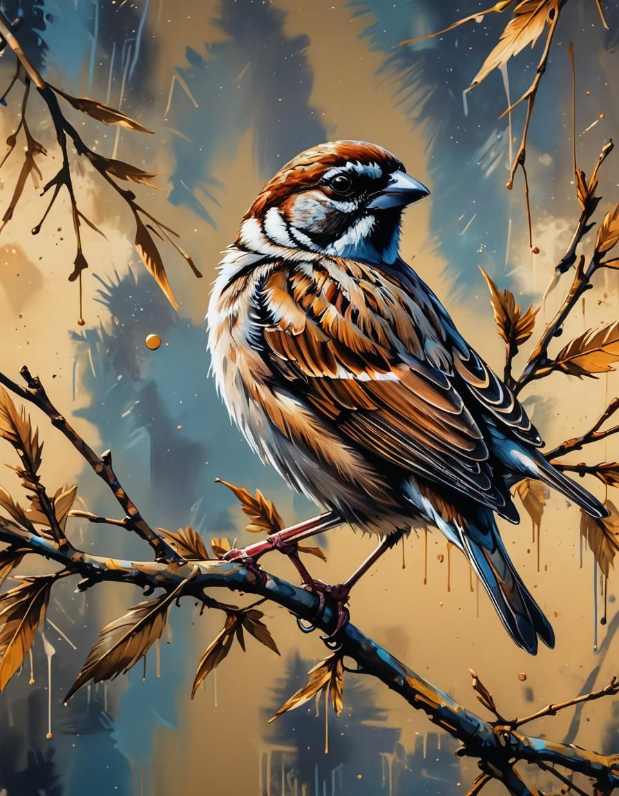 House Sparrow in Vibrant Street Art Style