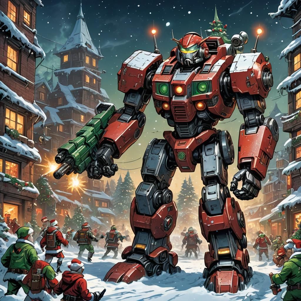 Giant Christmas Robot as Comic Book Art