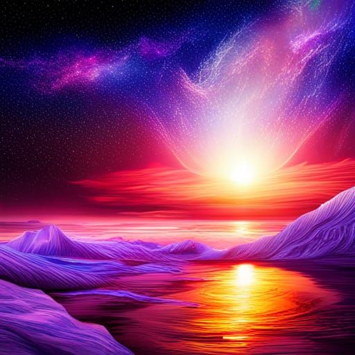 Cosmic Galaxy Beach: Holographic Astral Illustration