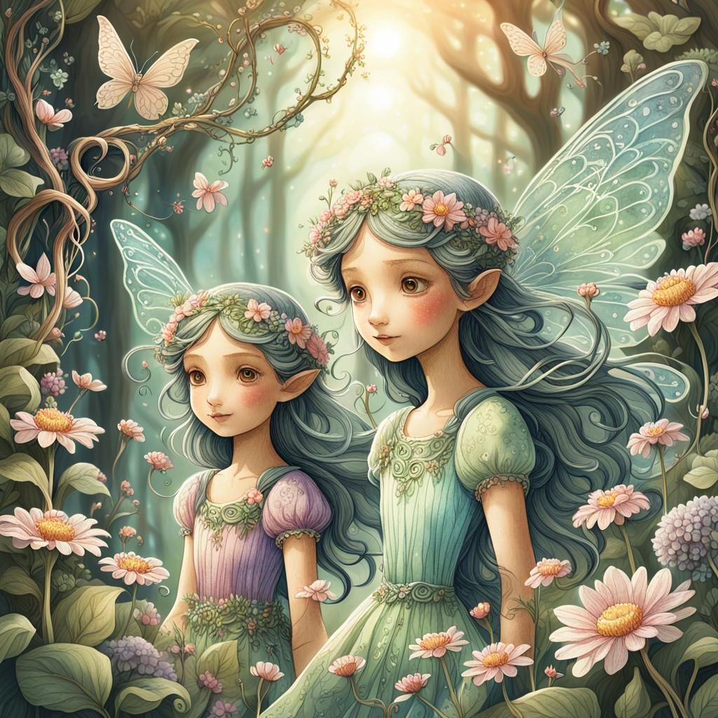 Fairies in Forest Glade: Whimsical Fantasy Illustration