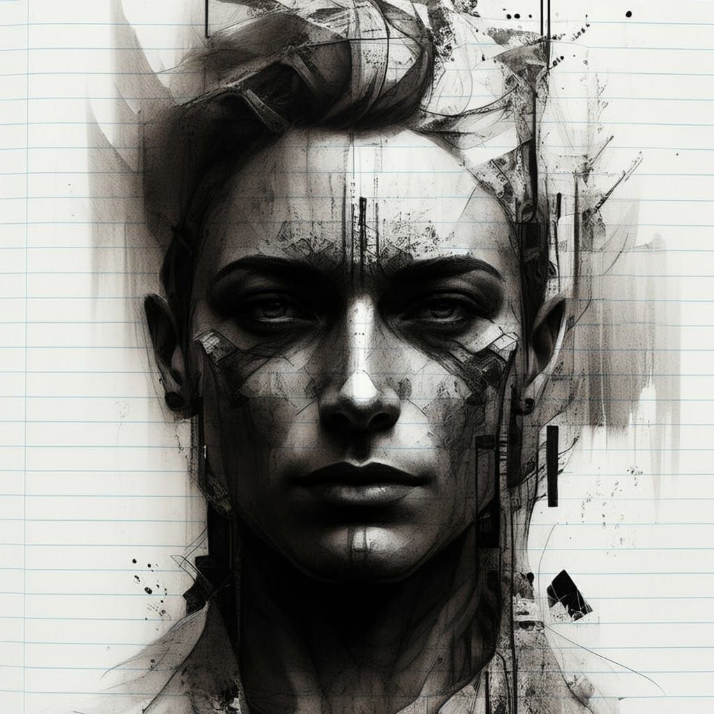 High-Contrast Charcoal Portrait on Notebook Paper