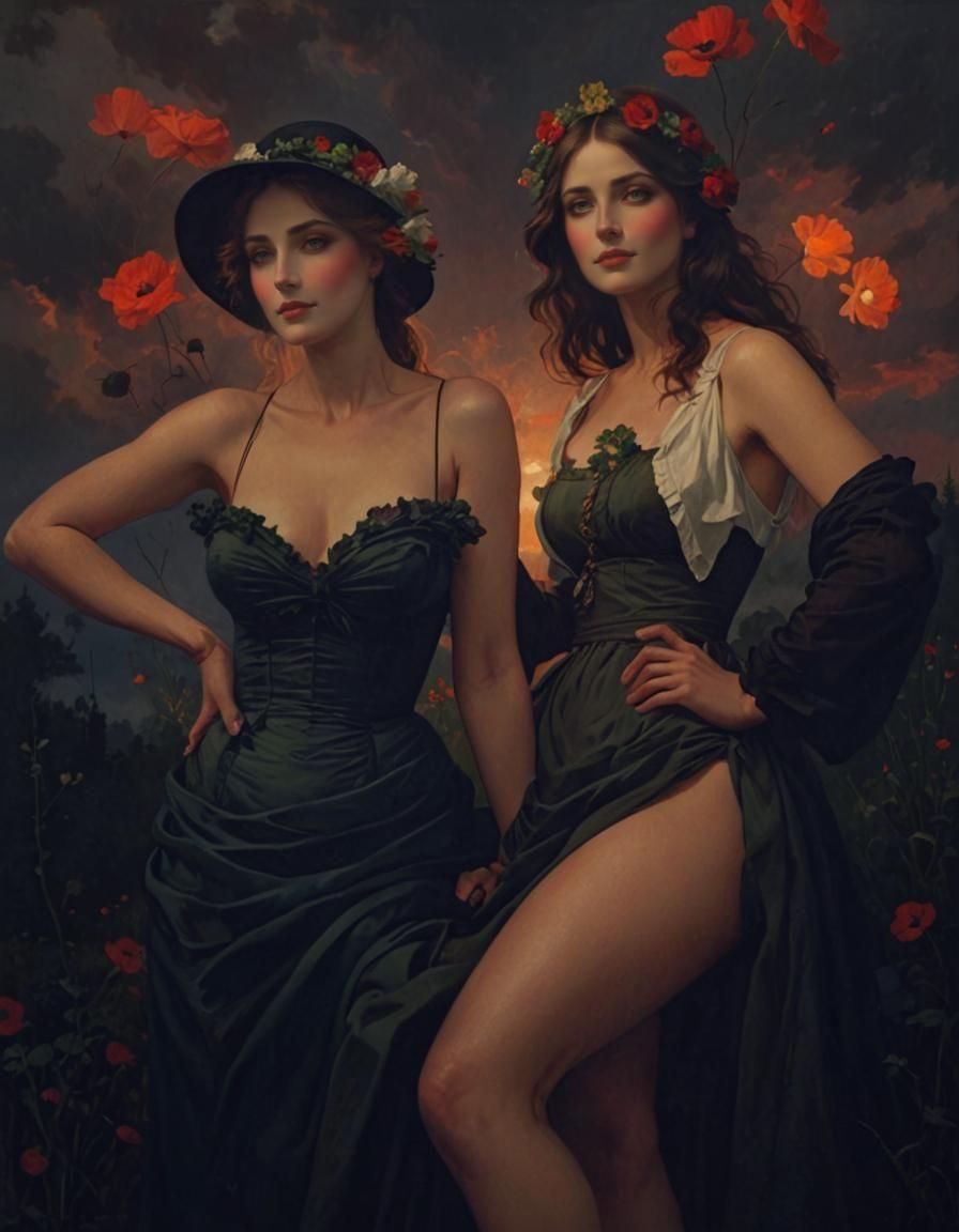 Idyllic Meadow with Woman in White Dress