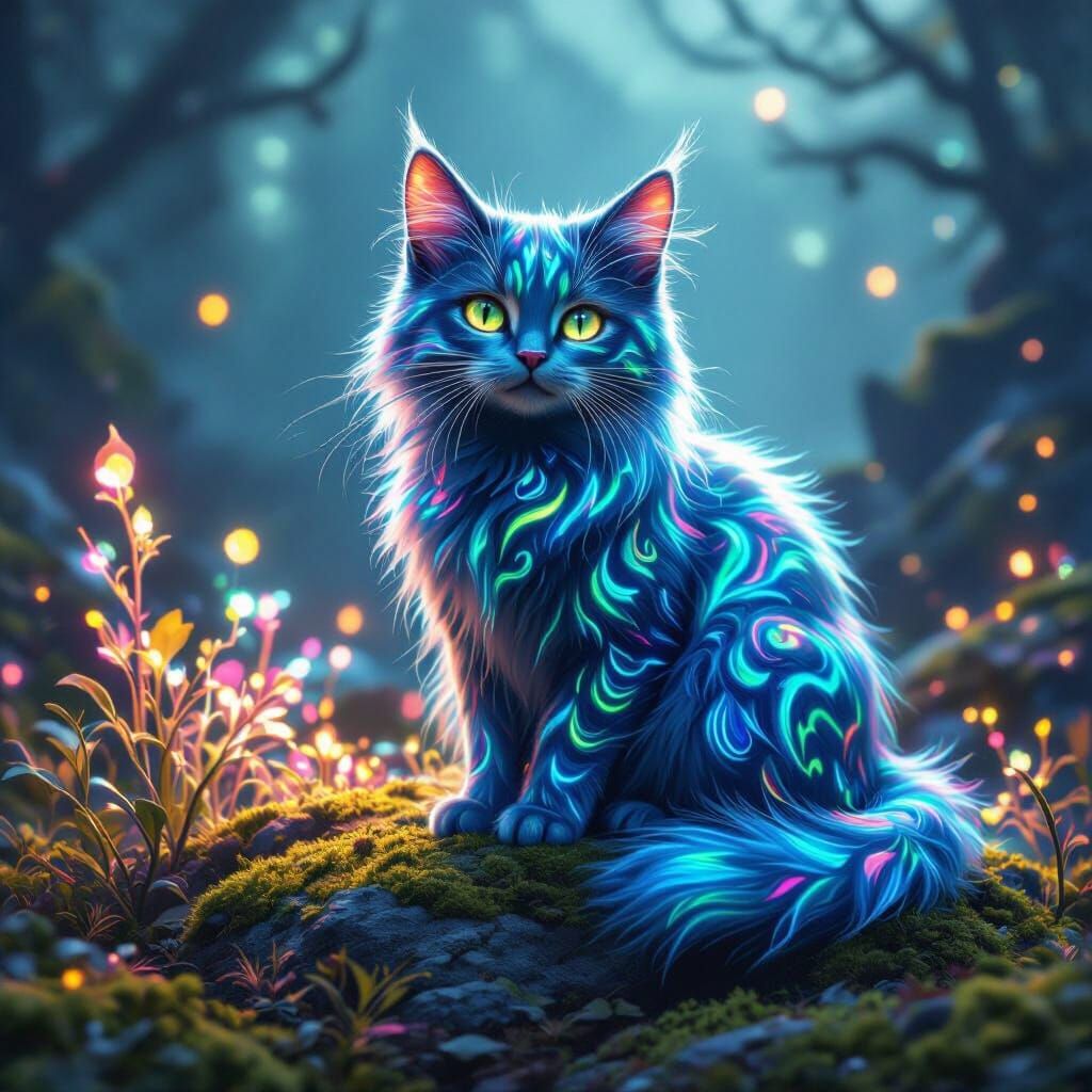 Bioluminescent Cat in Dreamlike Landscape, Digital Art
