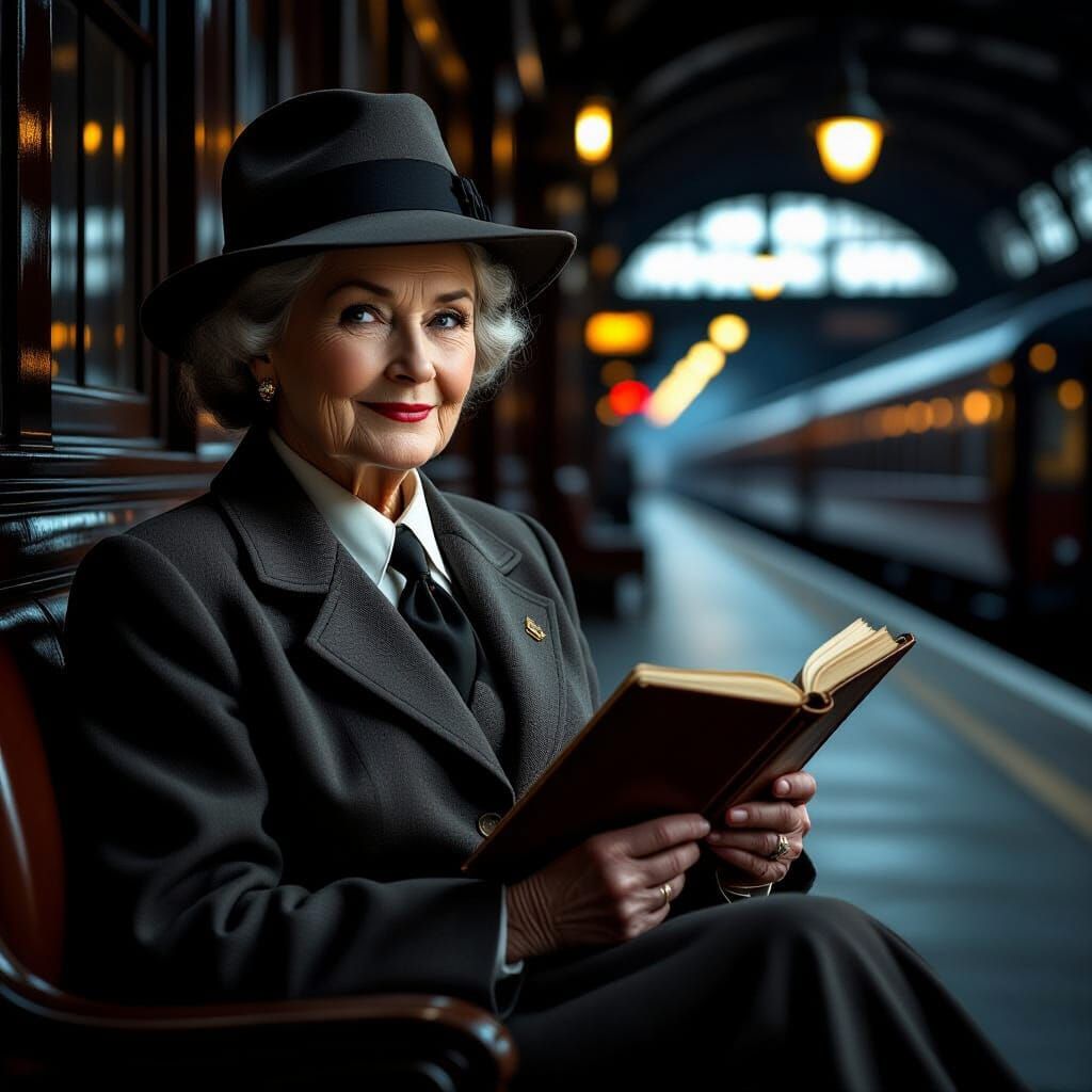 Elderly Woman in Vintage Train Station, Film Noir Style