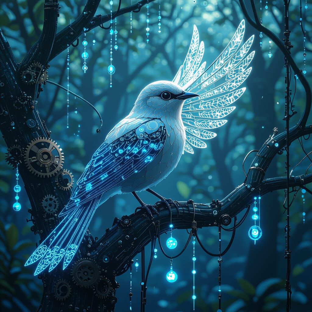 Biomechanical Songbird in Bioluminescent Forest