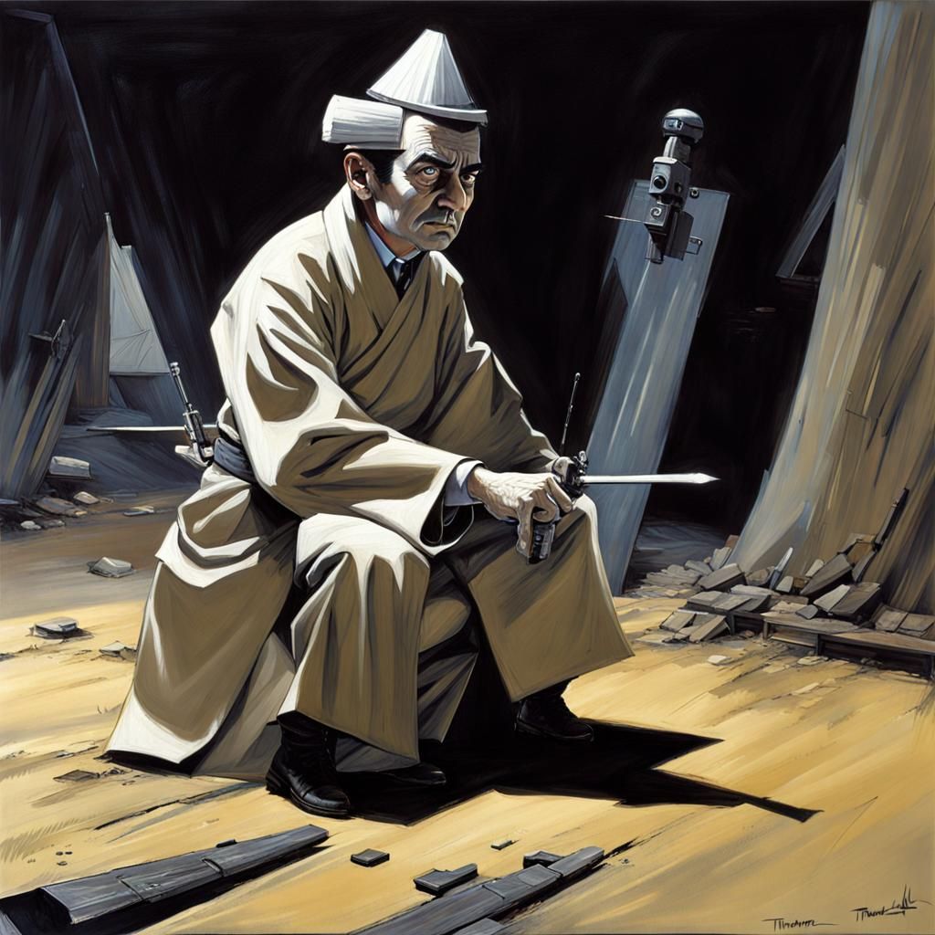 Mr. Bean Samurai: A Spooky Sci-Fi Impasto Painting