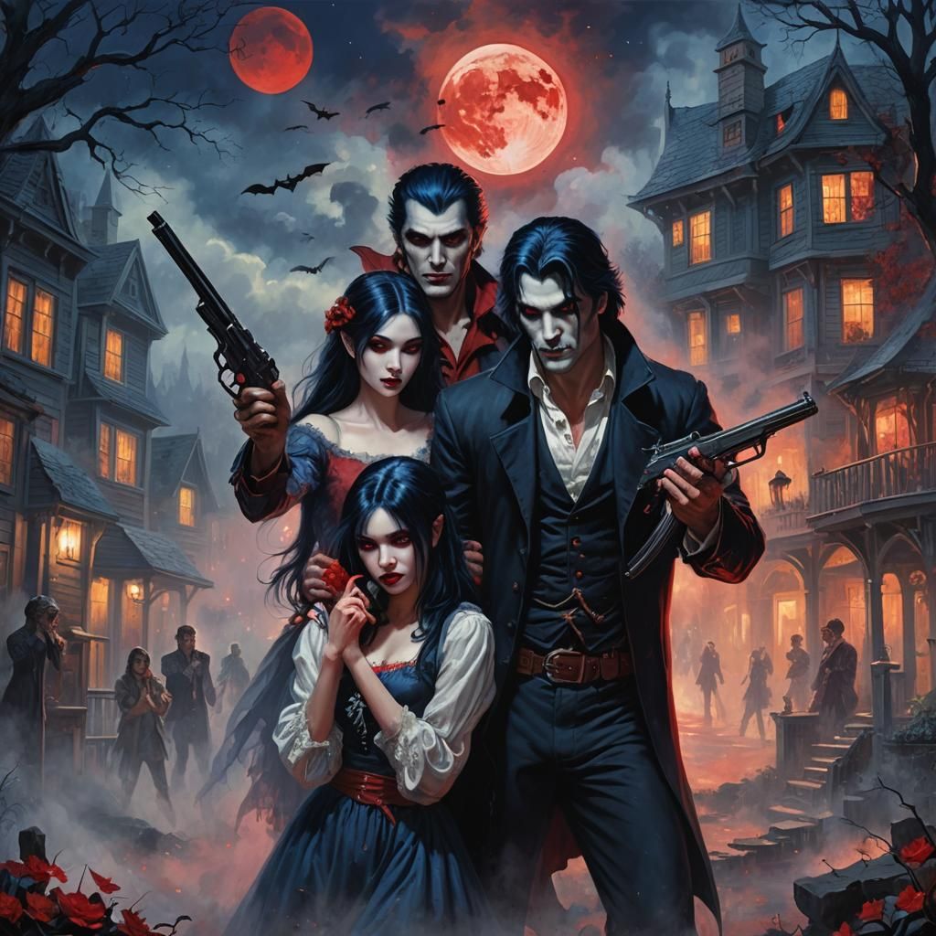 Vampire and Human Under Red Moon in Ethereal Style