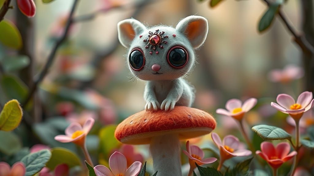Felt Creature on Mushroom in Enchanted Forest