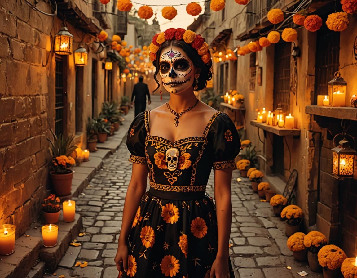 Dia de los Muertos Woman in Candlelit Alley