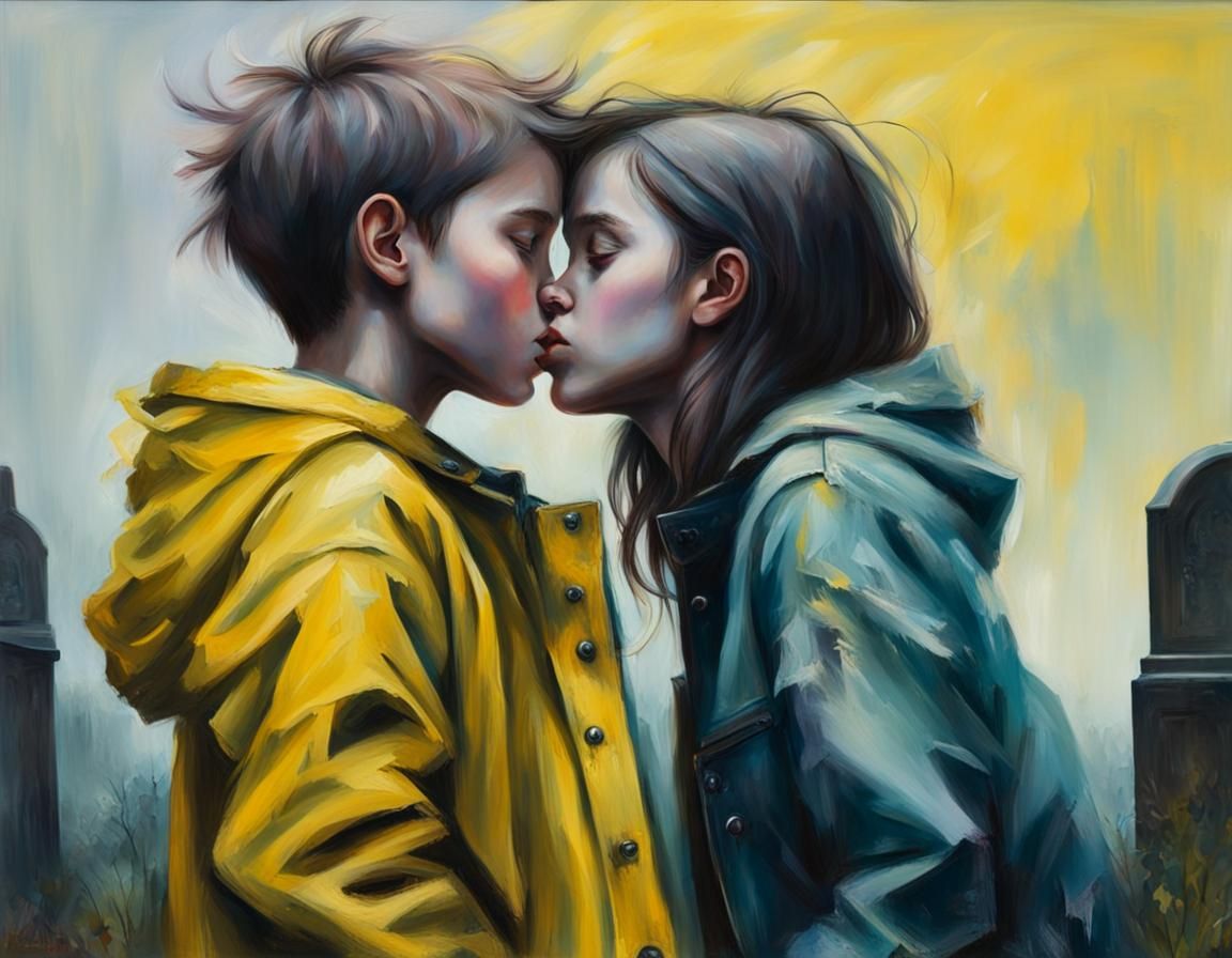 Lovers Embrace in Graveyard: Vivid Impasto Oil Painting