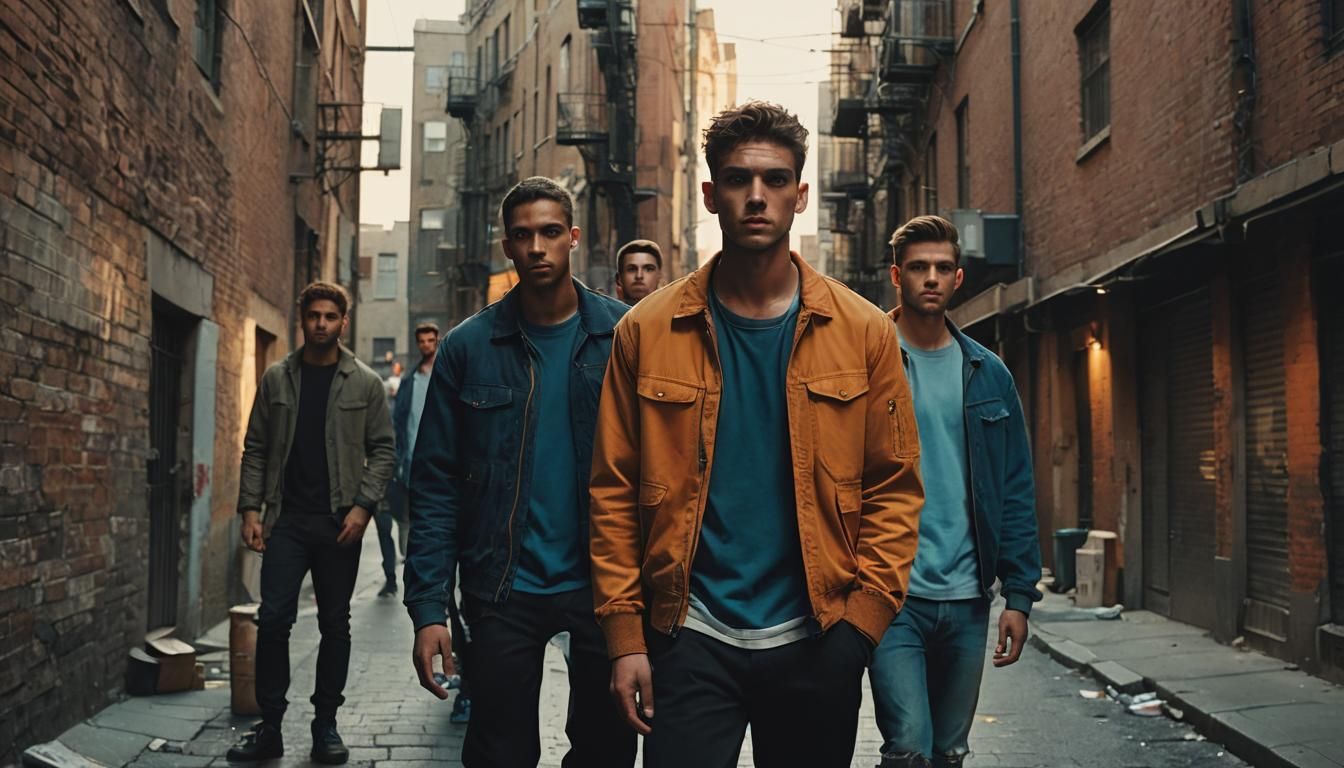 Urban Male Models in City Alleyway at Dusk