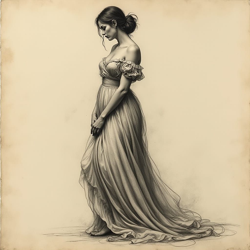 Elegant Woman in Flowing Gown: Charcoal Art
