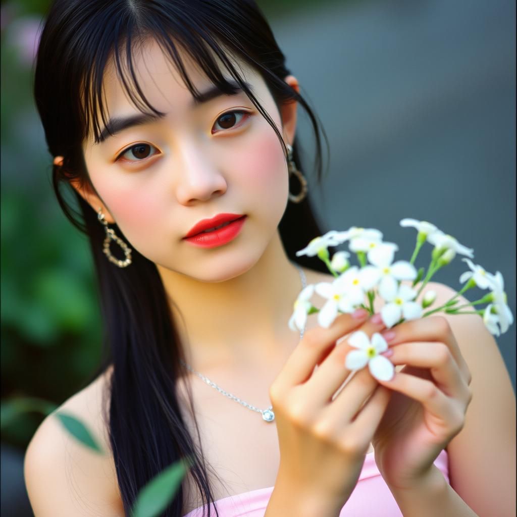 Asian Girl Portrait with Flowers in Film Style