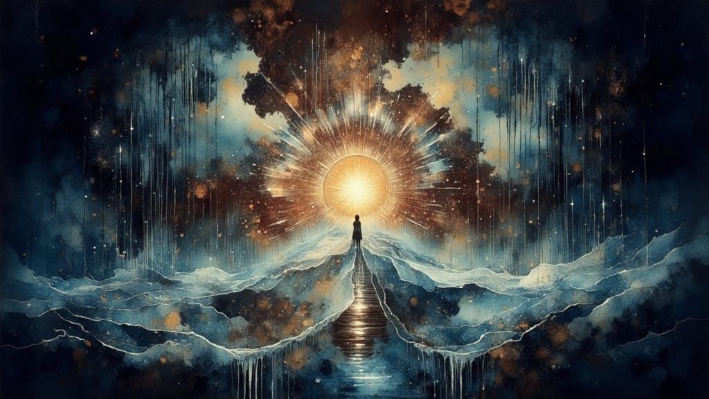 Surreal Woman Gazes into Bioluminescent Mirror, Divine Rain ...