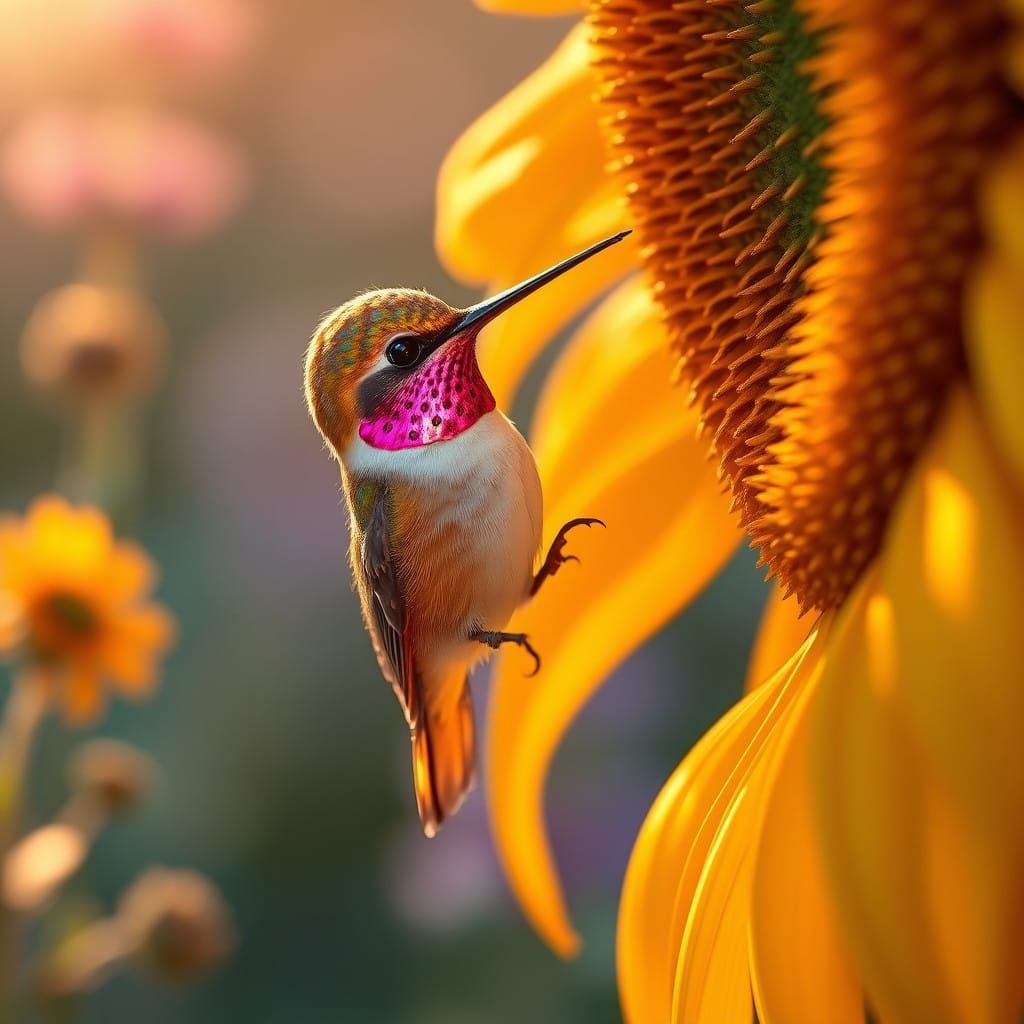 Whimsical Hummingbird Perched on a Sunflower in a Dreamy Sun...