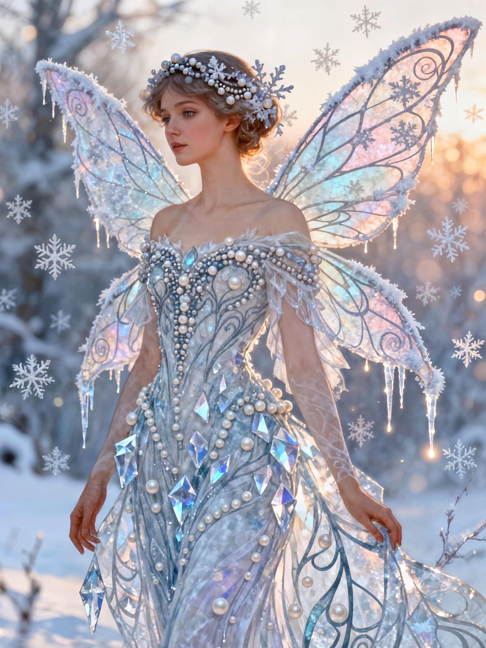 Art Nouveau Winter Fairy with Frosty Wings