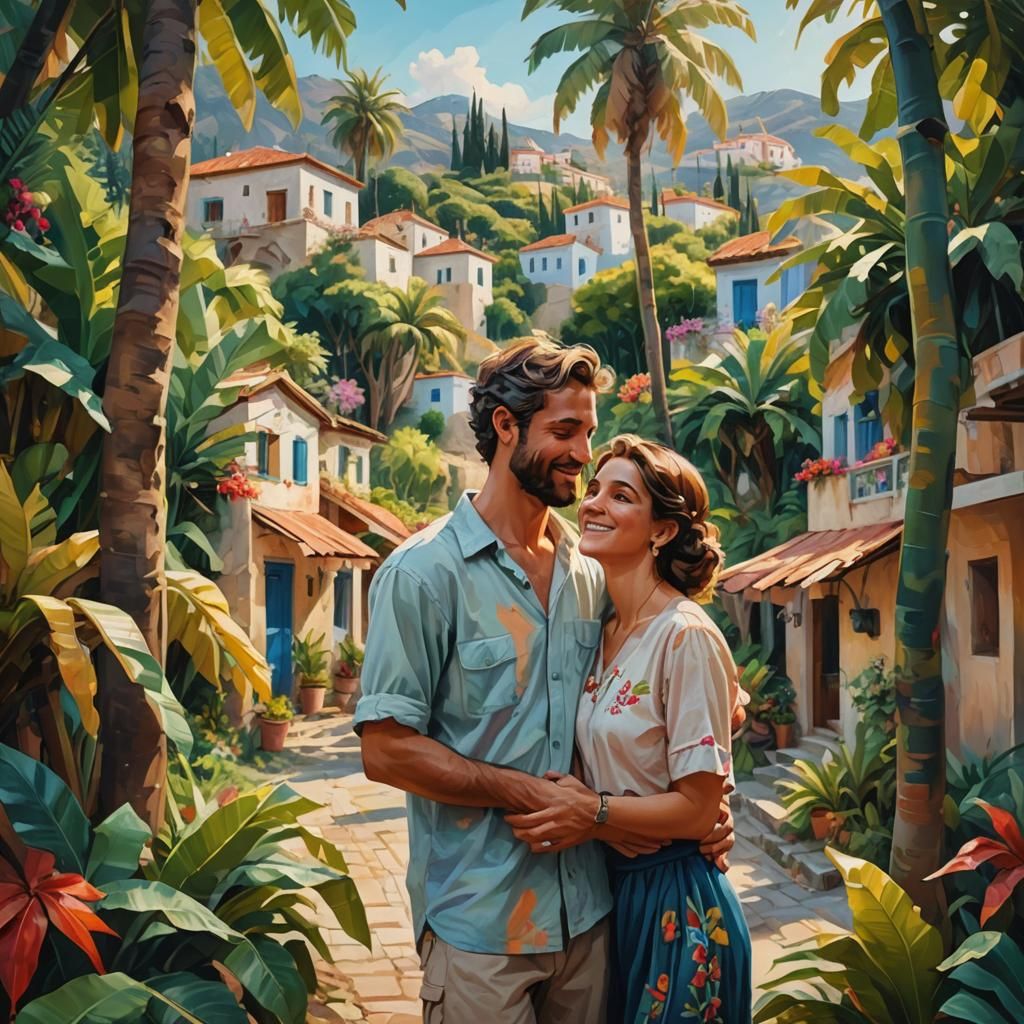 Couples Embrace in Lush Greece Village: Oil Painting