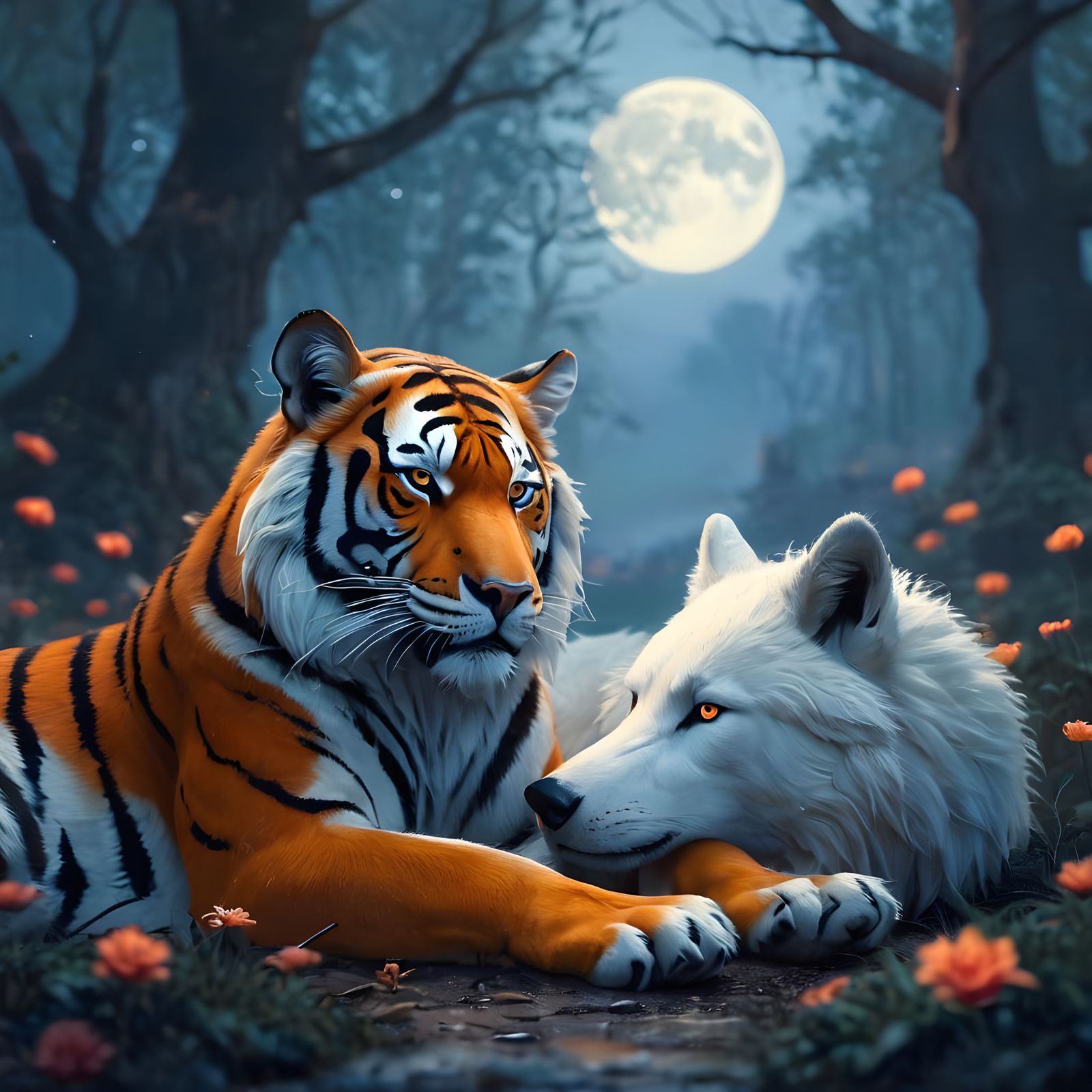 Tiger and Wolf in Mystical Forest