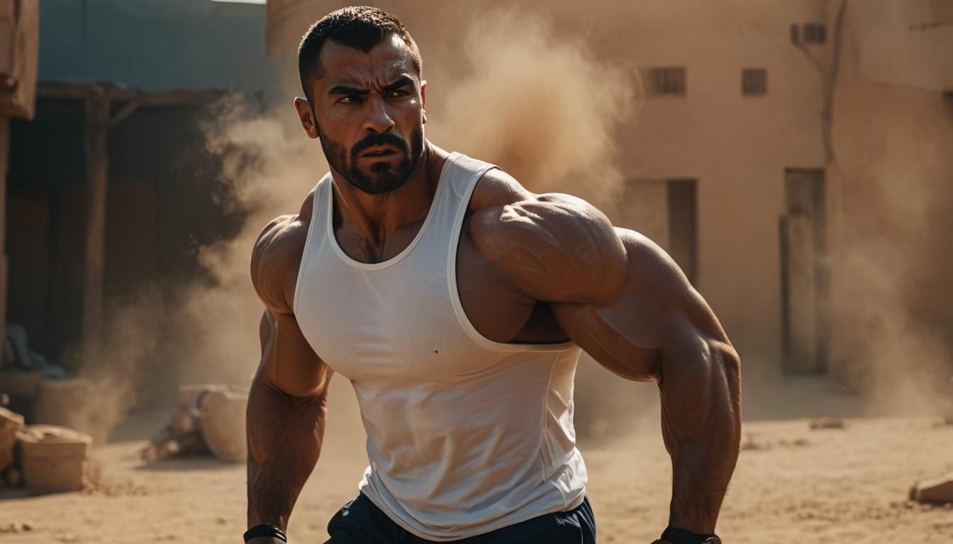 Cinematic Portrait of an Arab Bodybuilder in Film Style