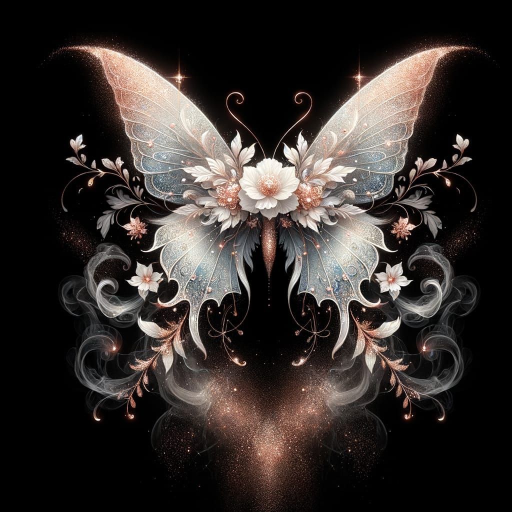 Rosegold Butterfly with Glittering Floral Wings