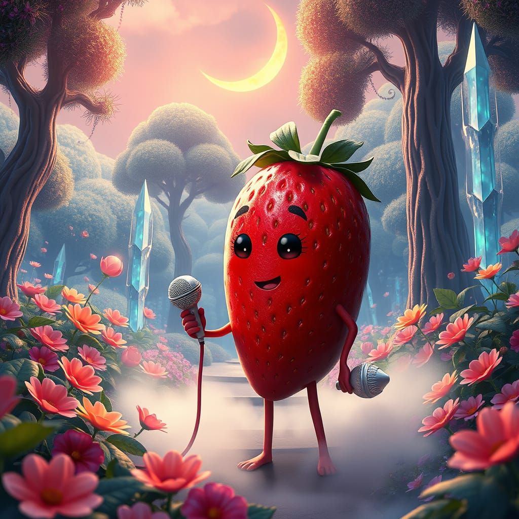 Surreal Strawberry Idol Performs Under Crescent Moon