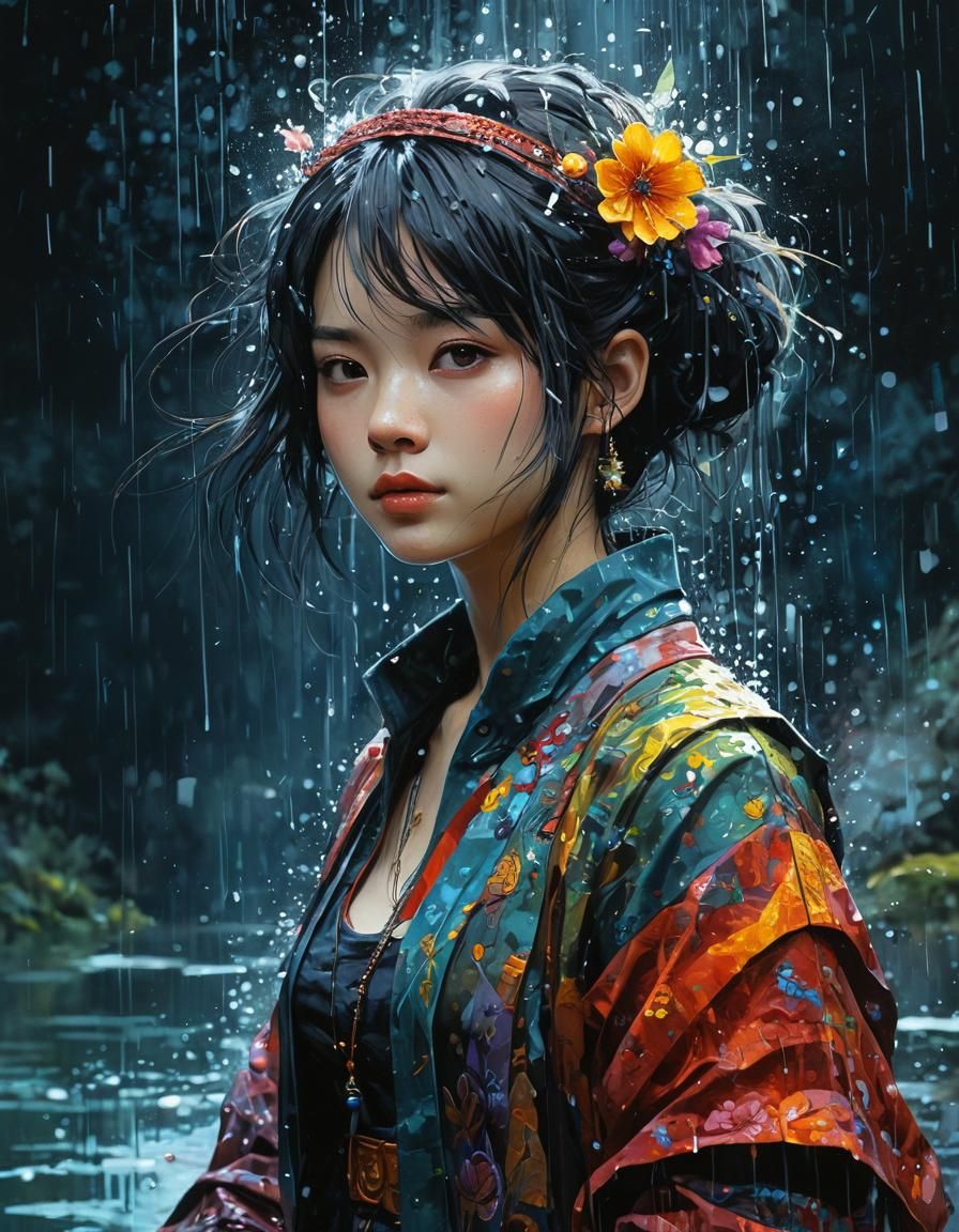 Fantasycore Portrait in Rain, Impasto Painting