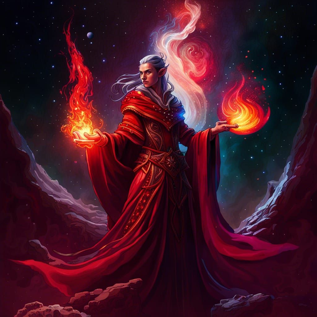 Elf Mage Casts Fire and Ice: Fantasy Art