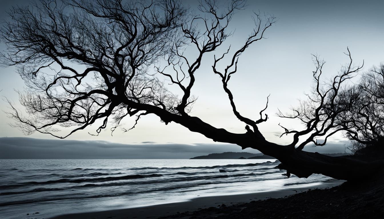 Dramatic Silhouetted Trees Bending Over Molten Sea