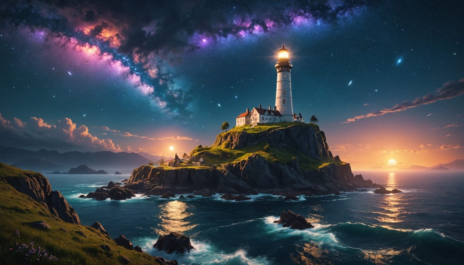 Floating Island Lighthouse Under Cosmic Galaxy