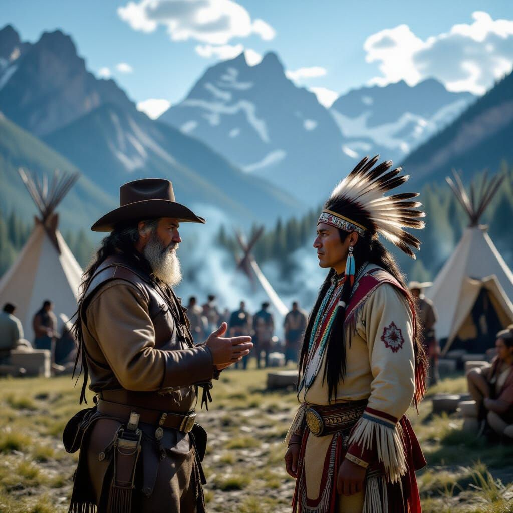 Frontiersman Negotiating in Native American Camp