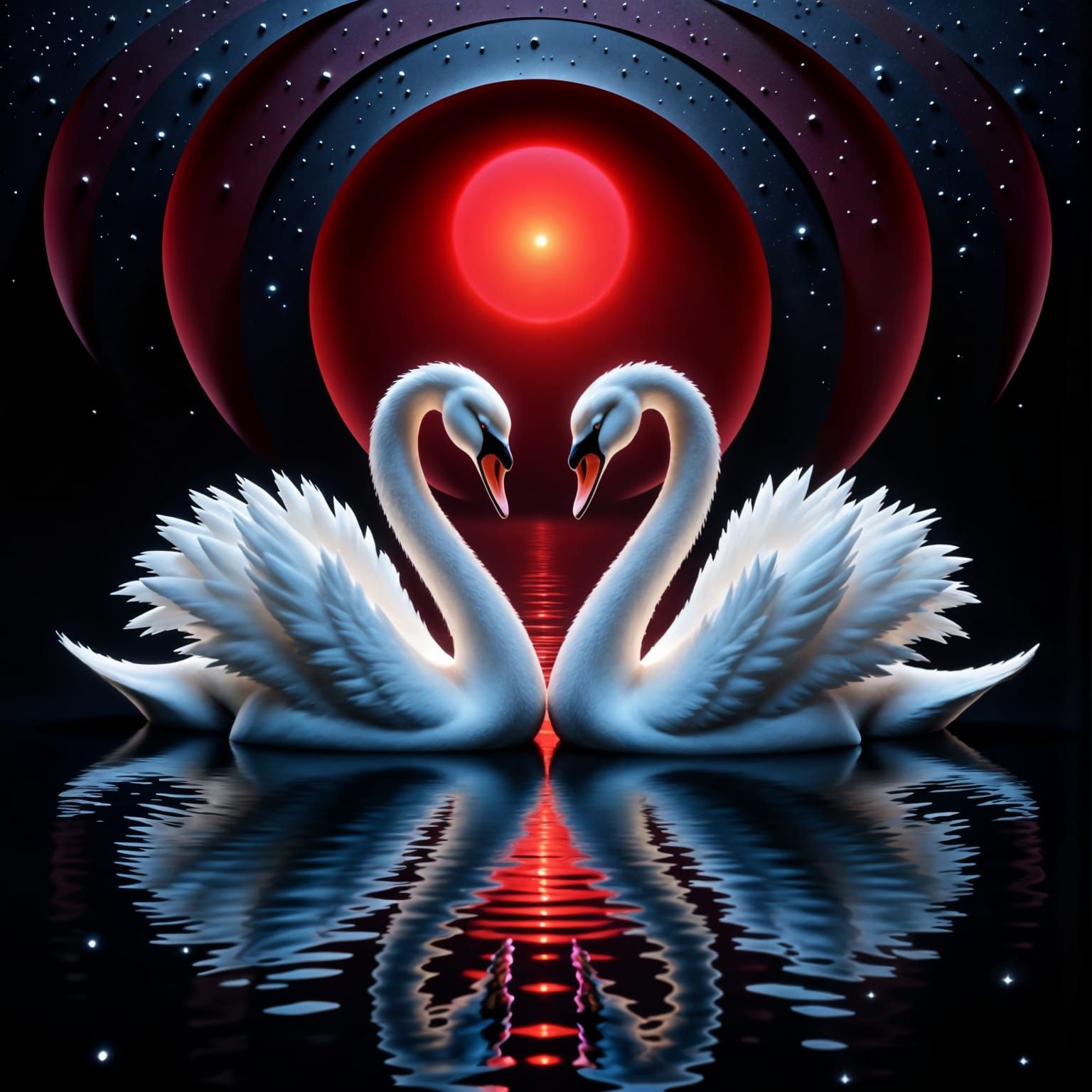 Elegant Swans in Surreal M.C. Escher Pond