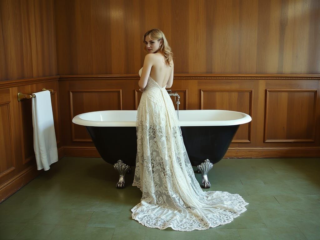 Elegant Woman by Clawfoot Tub in Alma-Tadema Style