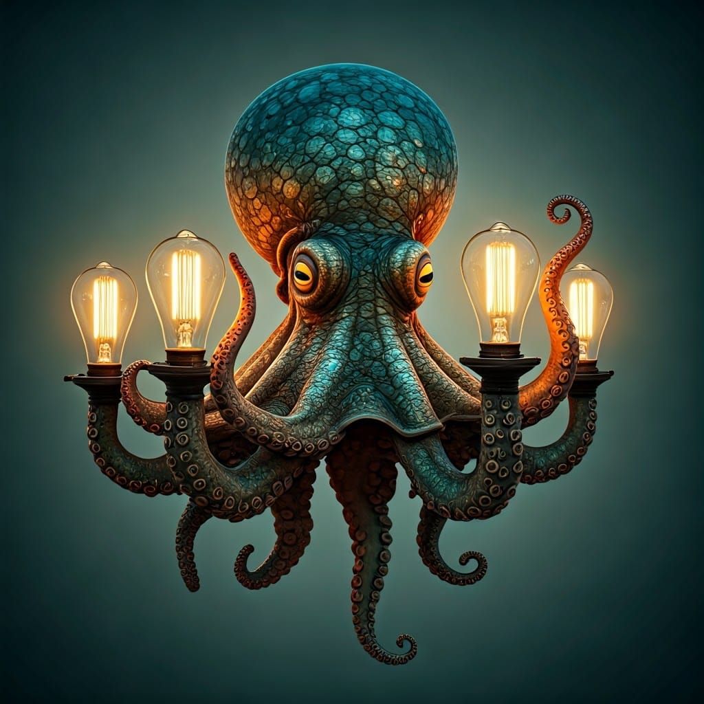 Octopus Lamp with Glowing Tentacles in Folk Art Style
