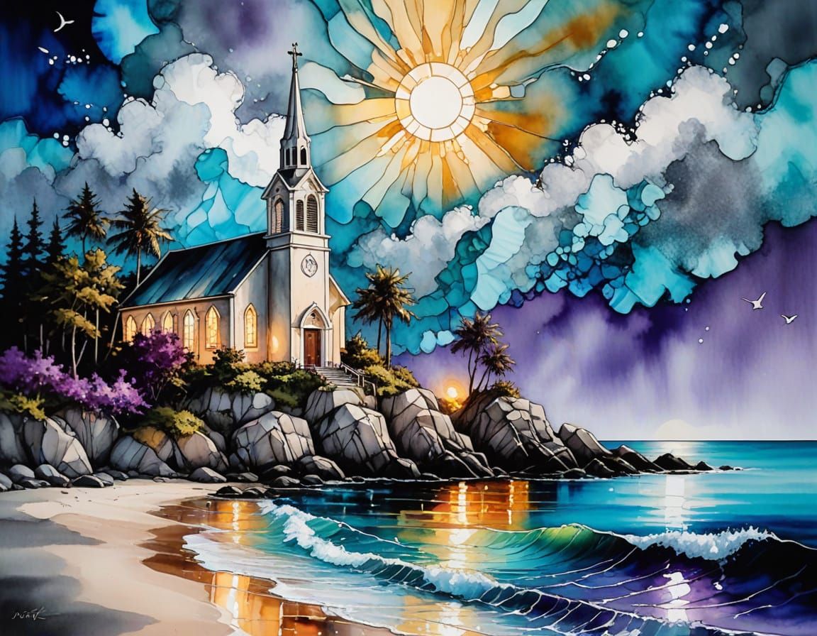 A serene coastal scene, depicting a small white church nestled on a rocky shore at sunrise or sunset. The church, with a...